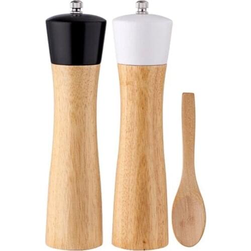 New Salt And Pepper Mill Wood Pepper Shakers Adjustable Ceramic Grinder With Spoon Salt And Pepper Grinder Set