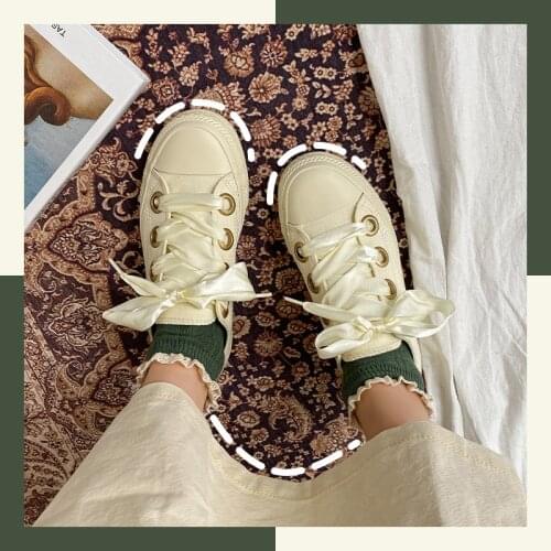 New Arrival Womens Silk Ribbon Low Cut Canvas Shoes Retro Court Style Females Shoes White Wearproof Girls Board Shoes
