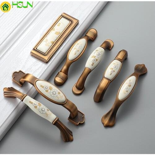 Rural Metal Ceramic Cabinet Drawer Cupboard Wardrobe Handle Knob Coffee Bronze Flowers Type Furniture Pull Door Hardware Factory