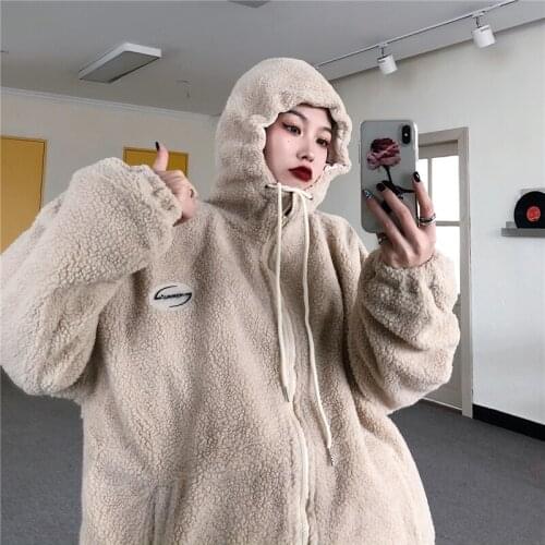 New Winter Loose Coat Women Zipper Letters Thicken Hooded Female Solid Jacket Casual Korean High Street Retro Top Clothing