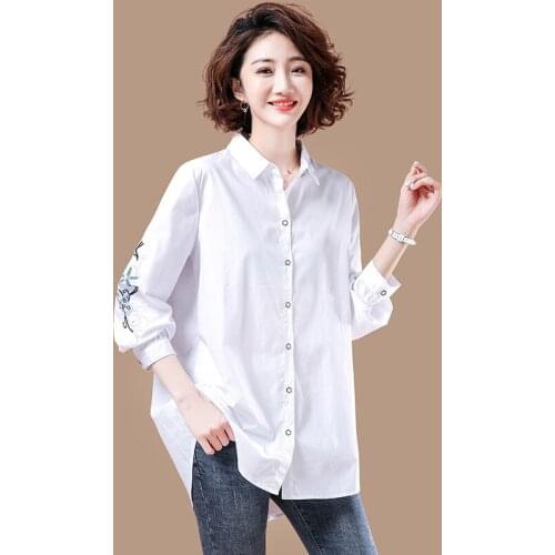 100% Cotton Embroidery Women White Shirts Autumn New 2021 Long-Sleeved Loose Straight Casual All Match Female Outwear Tops
