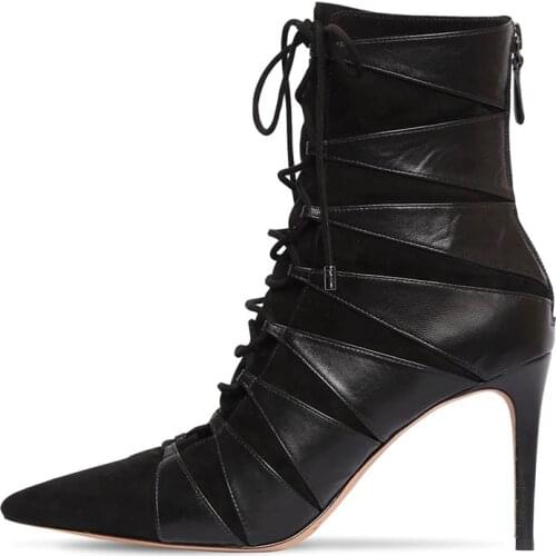 2021 spring pointed stiletto high-heel stitching womens shoes front lace-up back zipper fashion short boots oversized sandals