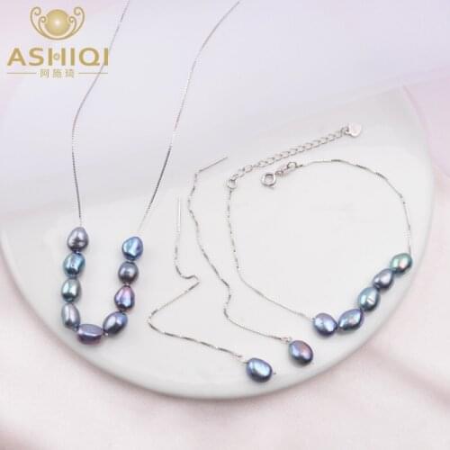ASHIQI 925 Sterling Silver Jewelry Sets Real Baroque Freshwater pearl Necklace Earrings Bracelet for women New
