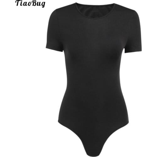 Summer Women Black Dance Jumpsuits Round Neck Short Sleeve Bodysuit Backless Lack-Up Leotards Slim Fit Swimsuit