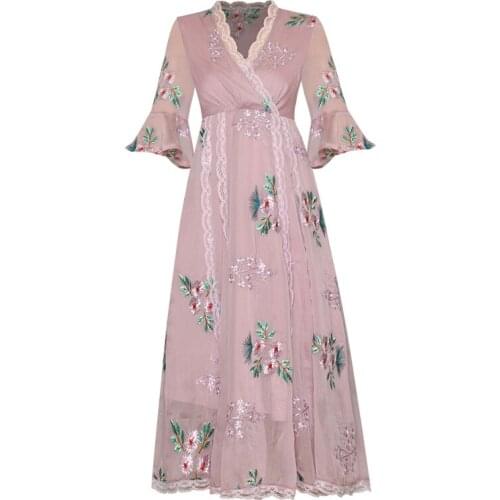 Women Designer Fashion Flare Sleeve V-Neck Summer Ladies Flower Embroidery Lace Patchwork Long Dress