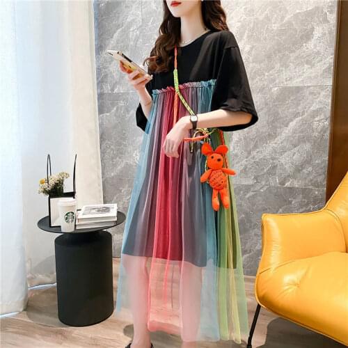 Dress Women Colourful Rainbow Mesh Lace Sweet Casual Stitching Loose T-Shirt Lace Elegant Summer Ins Ladies Dresses