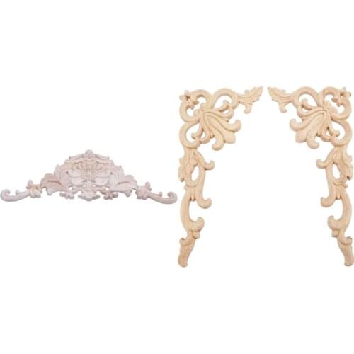 1X Rubber Wood Carved Applique 38 x 15 x 1.2cm & 4Pcs European Floral Craft Furniture Carved Applique Wood Frame Retail