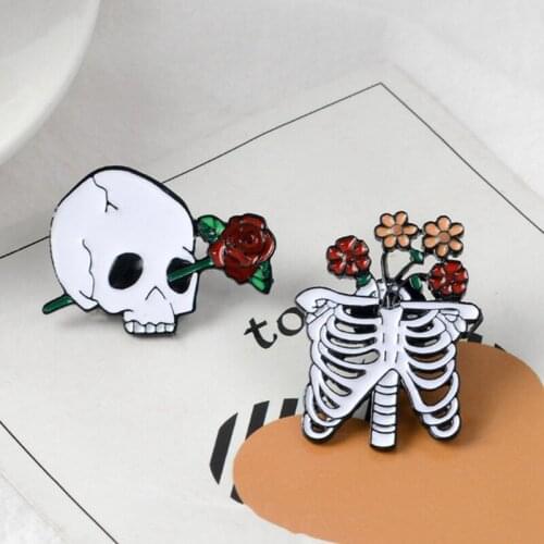 1PC Skull Rose Brooch Pin Skeleton Ribs Badge Brooch Halloween Goth Jewelry Clothes Accessories For Women Girl Party Punk Gift