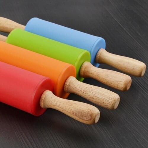 4 Colors Non-Stick Wooden Handle Silicone Rolling Pin Pastry Dough Flour Roller Baking Cooking Pizza Kitchen Tools Rolling Pin
