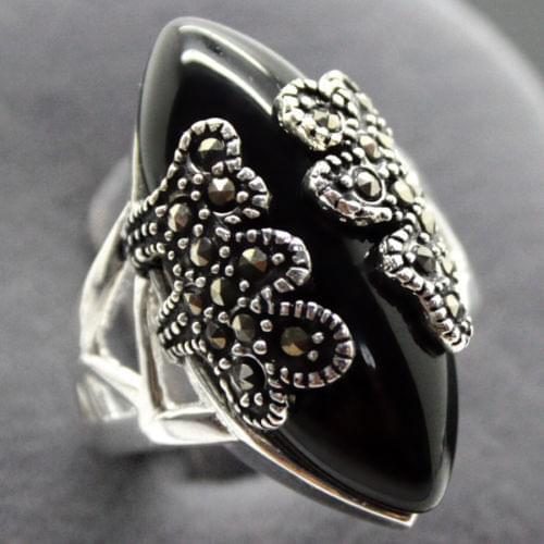 925 SILVER 11*24mm NATURAL BLACK Natural Stone Handcrafted Ring SIZE 7/8/9/10