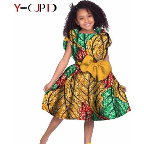 African Clothes for Kids Bazin Riche Baby Girls Print Bowtie Dresses Vestidos Party Plus Size Children Outfits Clothing YS194015
