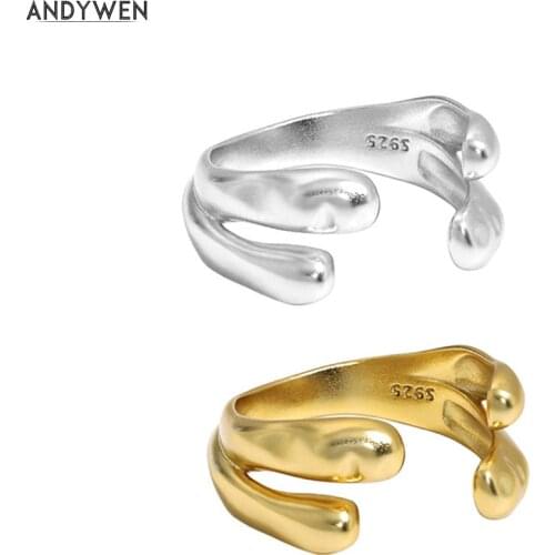 ANDYWEN 100% 925 Sterling Silver Gold Two Line Open Bangle Resizable Rings Adjustable Irregular Geometric Wedding Gift Jewelry
