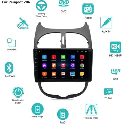 Android for Peugeot 206 Car Radio Multimedia Player GPS Navigation Central Control Smart Big Screen 2 Din Stereo Receiver Audio