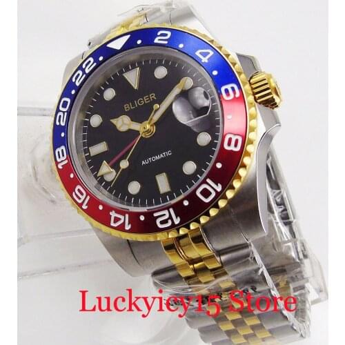 BLIGER Brand Automatic Men Wristwatch Sapphire Glass Gold Coated Bezel Jubilee Band GMT Hand