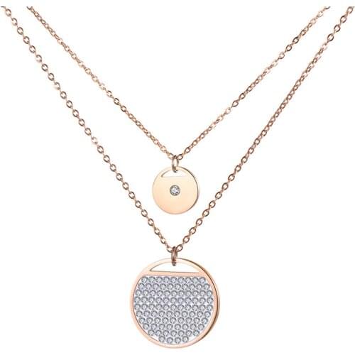 Stainless Steel Jewelry Double Layers Rhinestones Round Shape Necklace Rose Gold Color Chain New Year Gift N18281
