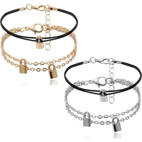 Gothic Punk Lover Lock Pendant Chain Bracelet Set for Men Women Charm Bracelet Couple Jewelry Accessories