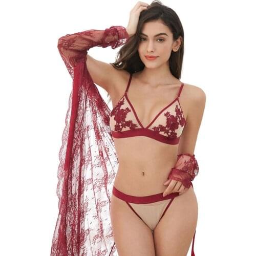 Lace perspective embroidery elegant ladies bra set sexy wire free advanced comfortable underwear bra+panties+thong+robe 4pcs