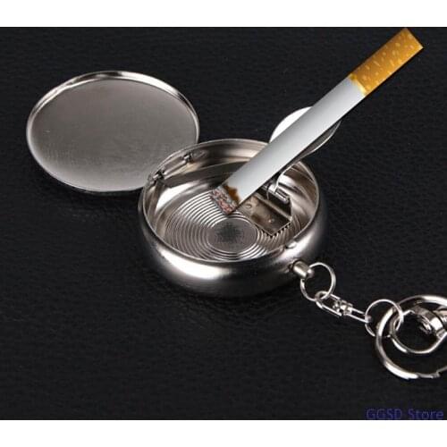 Creative Mini Ashtray Stainless Steel Round Shaped Cigarette Ash Tray Ash Slot with Key Chain for Men Gifts Smoking Accessories