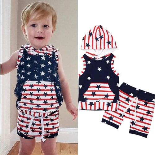 TALLOLY Boys Summer 2020 Childrens Independence Day Striped Star Sleeveless Hooded Shorts Set Kids