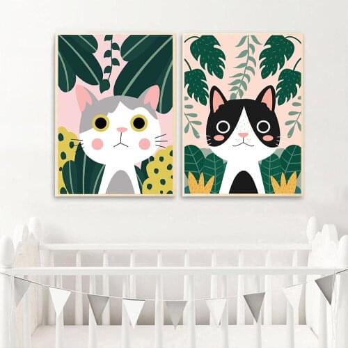 Jungle Cat Plant Minimalist Wall Art Cartoon Canvas Painting Nursery Posters And Prints Wall Pictures For Living Room Decor