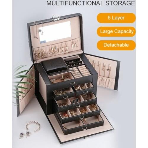 Multifunctional Jewelry Box Storage Organizer with Mirror 5 Layer Removeable Leather Jewel Display Case