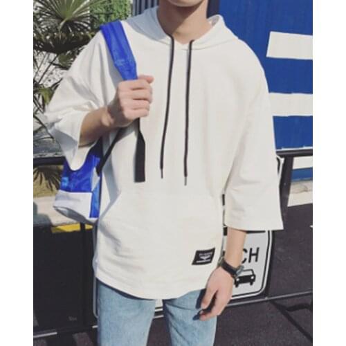 Fashionable Men T Shirt Seven Sleeve Short Hooded Camiseta Masculina Summer Thin Loose Round Neck T-shirt