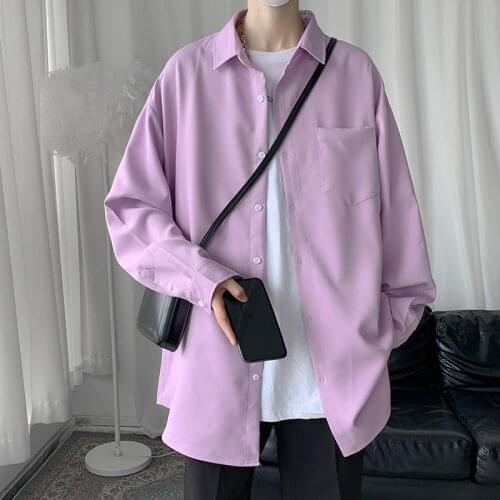 2021 Mens summer Ice silk Long sleeve shirts/Male slim fit pure color leisure loose lapel shirts/Man Business shirt S-5XL