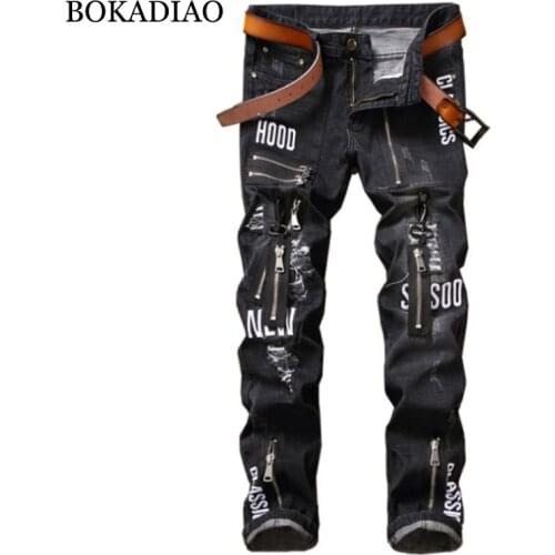BOKADIAO Mans jeans fashion zipper punk Embroidery Straight jeans for men Distressed Ripped Pants wild Slim denim trousers male