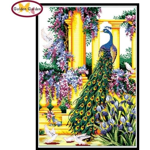 GG Purple Flowers and Peafowl Pattern Needlework Cross Stitch Set Embroidery Kit Animal Design Cross Stitching for Home Decor