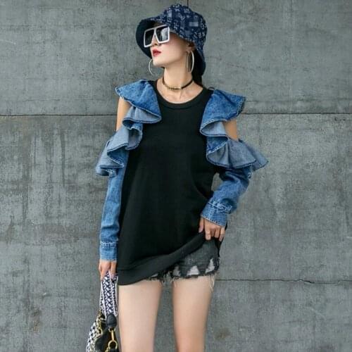 New Ladies Pullovers Tops Women Fashion Stitching Denim Hollow Out Shoulder Ruffled Sleeve Sweatshirt