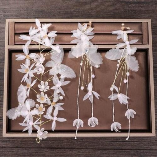 FORSEVEN Handmade Butterfly Beads Long Tassel Headband Hairpins Headpiece Earrings Jewelry Sets for Bride Noiva Wedding Party
