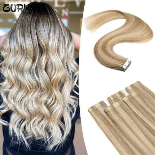 ZURIA Tape In Extension 100% Human Hair Natural Machine-Made Remy Adhesive Tape Adhesive Extensions Straight Skin Weft 12"-24"