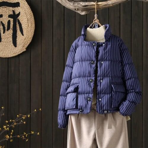 Autumn winter retro style striped duck down coat female stand collar printed warm down coats soft fluffy down jacket parkas F334
