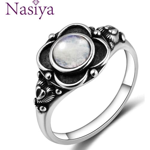 Nasiya Luxury Ethnic Flower Shape Rings With Natural Moonstone Women 925 Silver Gemstone Jewelry Wholesale Dropshipping Gifts