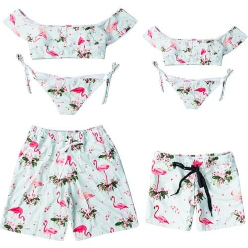 2019 Family swimsuit Fancy Flamingo off shoulder biquinis Sexy Summer Women Men Boy Girl beach bandage maillot de bain Swimming