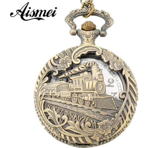 Vintage bronze Train Front Locomotive Engine Necklace Quartz Pocket Watch Chain Men Women Gift Relogio De Bolso 5pcs/lot