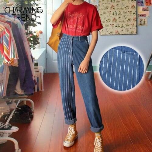 Charmingtrend Vintage striped Womens jeans trousers straight high waist denim fabric blue female pants casual chic girl jeans