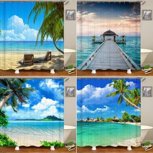 High Quality Modern Shower Curtains Ocean Beach Scenery Pattern Bathroom Decoration Seaside Vacation Bath Curtain with Hooks