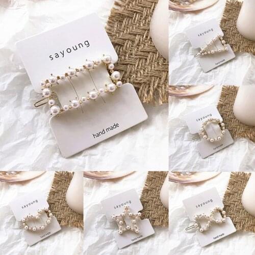 Women Girls Glitter Metal Alloy Side Hair Clip Luxury Faux Pearl Embellishment Hairpin Minimalist Bowknot Geometric Vintage Snap