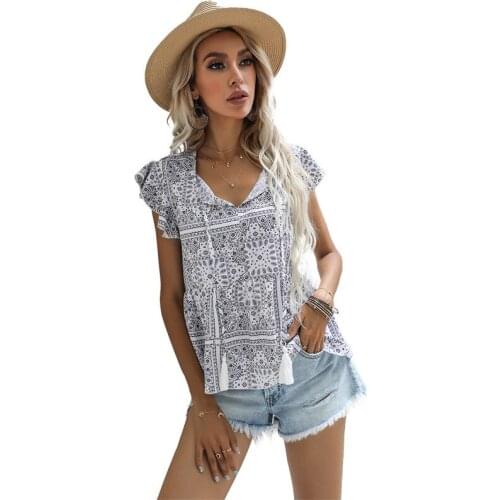 Summer V-neck Printing Casual T-shirt Women Clothes Tops Ropa Mujer
