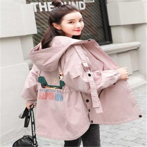 2020 Plus Size Spring Autumn Print Windbreaker Long Sleeve Hooded Womens New Loose Pink Women Big Size Windbreaker Jacket 986