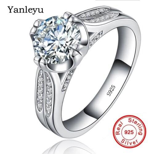 Yanleyu Shiny 925 Sterling Silver Finger Rings Anel 2 Carat CZ Diamant Wedding Rings for Women Engagement Jewelry Gift PR088