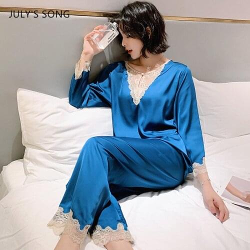 JULYS SONG Lace V-neck Pajama Set Stain Sexy Design Women Faux Silk 2Pcs Spring Autumn Sleepwear Soft Long Sleeve Loose Pyjamas