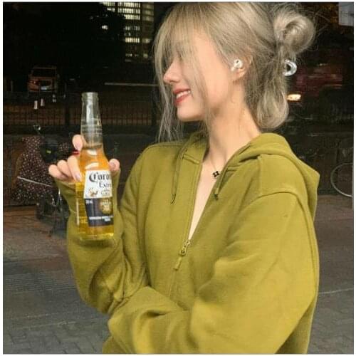 Women Casual Long-Sleeved Cardigan Fashion Solid Color Loose Zipper Hooded Sweater Matcha Green Zipper Casual Mid-Length Sweater