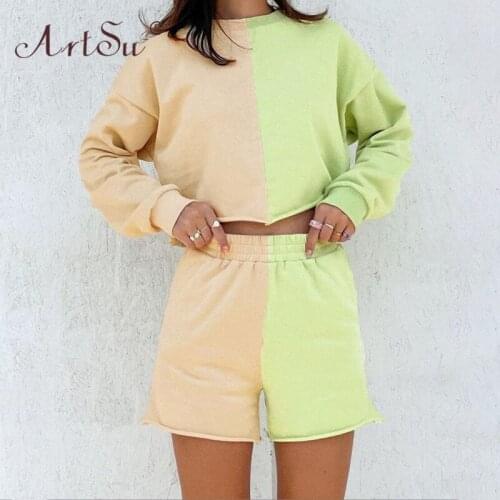 ArtSu Autumn Splicing Color Two Piece Long Sleeve Cropped Hoodie + Shorts Set Loose Casual Sportwear Women Tracksuits 2021