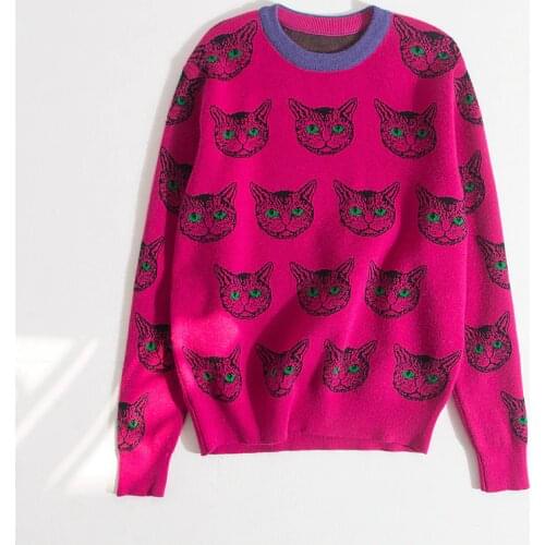 High Quality Runway Designer Cat Print Knitted Sweaters Pullovers Women Autumn Winter Long Sleeve Harajuku Sweet Jumper
