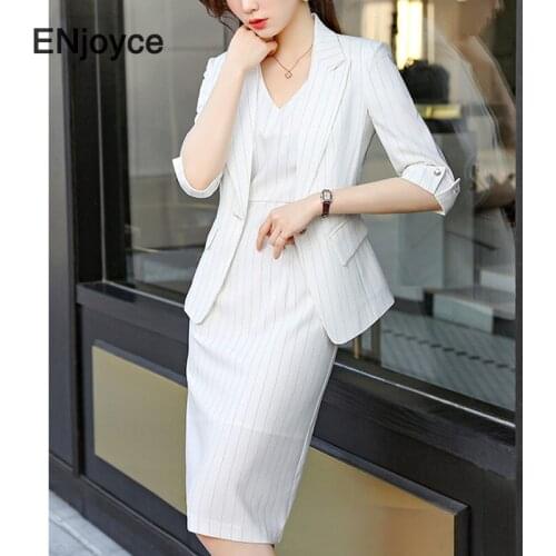 Spring Summer Women Sets Vintage Slim Striped Blazer and Dress Two Pieces Set Office Ladies Work Wear Business Uniform Suit