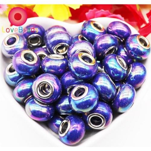10Pcs 14x8mm Large Hole Round Loose Spacer Beads with Silver Plate Cores Fit Pandora Bracelet Snake Chain Murano Charms Jewelry