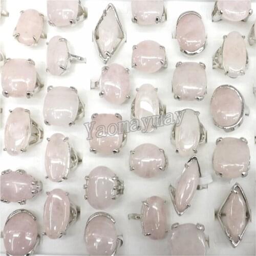 50pcs/Lot Big Natural Light Pink Crystal Stone Rings Semi-precious Stone Rings Mixed Size Free Shipping