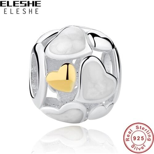 925 Sterling Silver Round Charms Beads fit Original Bracelet with Gold Heart Charm S925 Silver Jewelry for Women Girls